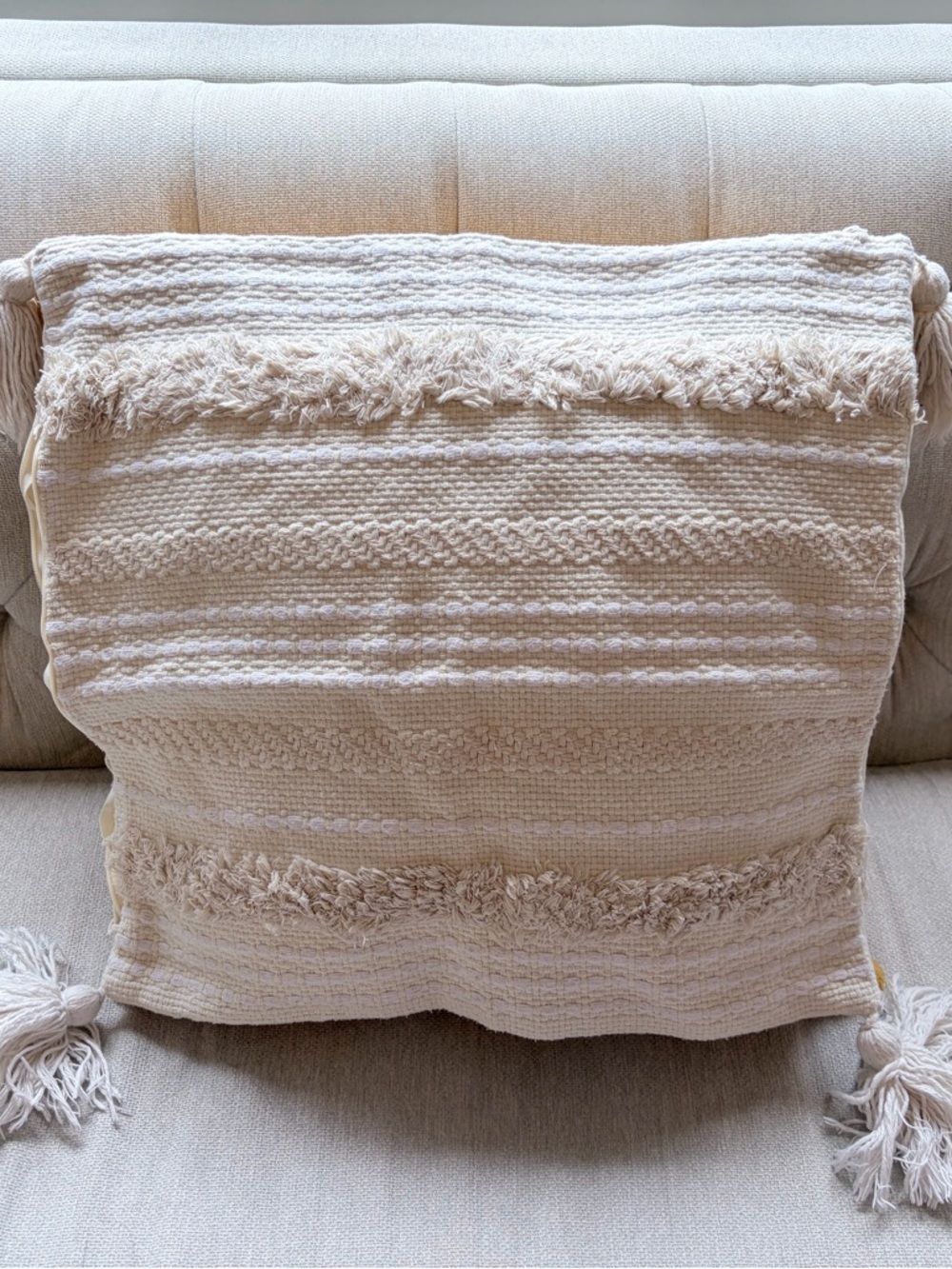 Neutral Textured Tassel Throw Pillow Cover- Cream